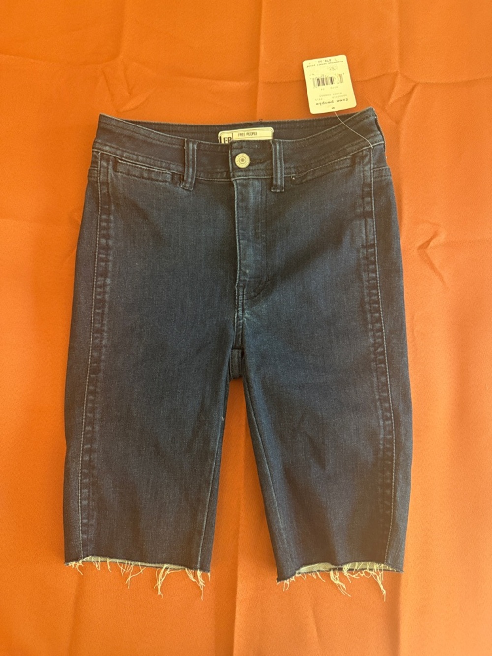 Free People Dark Indigo Denim Bermuda Shorts with Frayed Hem